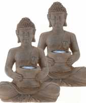 2x stuks solar lamp boeddha beelden bruin grijs 28 cm tuinbeeldje