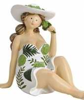 Dikke dame beeldje groen wit jurkje 15 cm tuinbeeldje